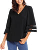 Black Women's V Neck Shirt Printed Top 3/4 Bell Sleeve Mesh Panel Blouse