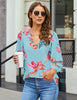 Floral Print Blue Women's V Neck Shirt Printed Top 3/4 Bell Sleeve Mesh Panel Blouse