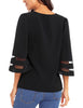 Black Women's V Neck Shirt Printed Top 3/4 Bell Sleeve Mesh Panel Blouse