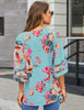 Floral Print Blue Women's V Neck Shirt Printed Top 3/4 Bell Sleeve Mesh Panel Blouse
