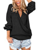 LookbookStore Black Women's Knit Long Sleeve Faux Wrap Surplice V Neck Sweater Top