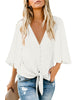 White Women's V Neck Button Down Shirts 3/4 Bell Sleeve Tie Knot Blouse