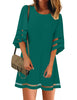 Women Casual Crewneck Mesh Panel 3/4 Bell Sleeve Loose Tunic Dress