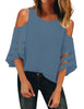 Dusty Blue Women's Cold Shoulder Loose Shirt Tops 3/4 Bell Mesh Sleeve Blouse