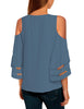 Dusty Blue Women's Cold Shoulder Loose Shirt Tops 3/4 Bell Mesh Sleeve Blouse