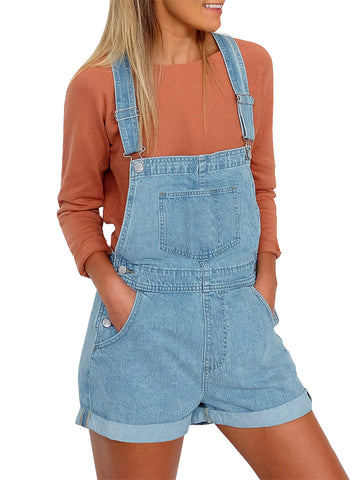 Women's Ripped Denim Bib Overall Shorts Raw Hem Shortall Jeans