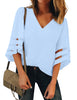 Powder Blue Women's V Neck Shirt Printed Top 3/4 Bell Sleeve Mesh Panel Blouse