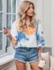 Tie Dye Multicolor Women's V Neck Shirt Printed Top 3/4 Bell Sleeve Mesh Panel Blouse