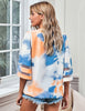 Tie Dye Multicolor Women's V Neck Shirt Printed Top 3/4 Bell Sleeve Mesh Panel Blouse