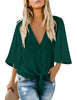 Bayberry Green Women's V Neck Button Down Shirts 3/4 Bell Sleeve Tie Knot Blouse
