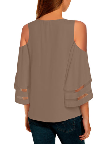 Women's Cold Shoulder Loose Shirt Tops 3/4 Bell Mesh Sleeve Blouse