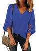 Women's V Neck Shirt Printed Top 3/4 Bell Sleeve Mesh Panel Blouse