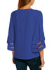 Nautical Blue Women's V Neck Shirt Printed Top 3/4 Bell Sleeve Mesh Panel Blouse