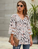Leopard Print Beige Women's V Neck Shirt Printed Top 3/4 Bell Sleeve Mesh Panel Blouse