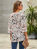 Leopard Print Beige Women's V Neck Shirt Printed Top 3/4 Bell Sleeve Mesh Panel Blouse