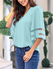 Light Blue Women's V Neck Shirt Printed Top 3/4 Bell Sleeve Mesh Panel Blouse