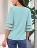 Light Blue Women's V Neck Shirt Printed Top 3/4 Bell Sleeve Mesh Panel Blouse