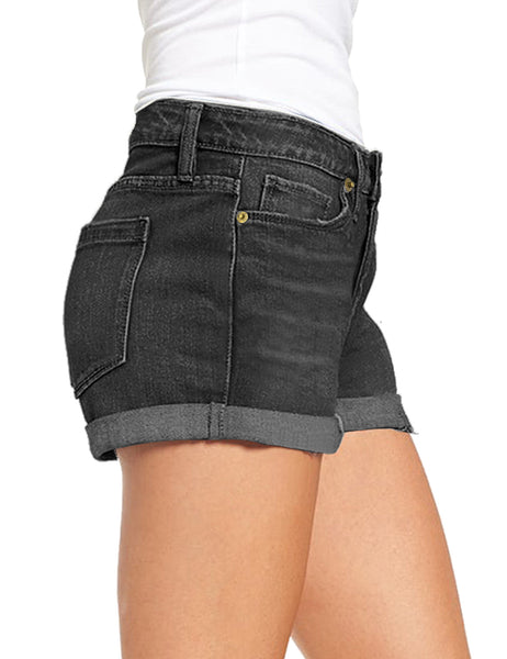Stormy Black Women's High Waisted Rolled Hem Distressed Jeans Ripped Denim Shorts