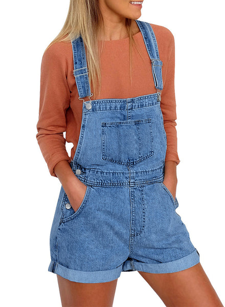 Women's Casual Denim Bib Overalls Shorts Cuffed Hem Stretch Jeans Shortalls