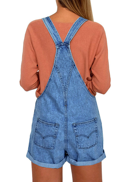 Women's Casual Denim Bib Overalls Shorts Cuffed Hem Stretch Jeans Shortalls