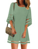 Women Casual Crewneck Mesh Panel 3/4 Bell Sleeve Loose Tunic Dress