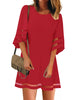 True Red Women Casual Crewneck Mesh Panel 3/4 Bell Sleeve Loose Tunic Dress