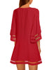 True Red Women Casual Crewneck Mesh Panel 3/4 Bell Sleeve Loose Tunic Dress