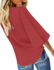 Cranberry Women's V Neck Button Down Shirts 3/4 Bell Sleeve Tie Knot Blouse