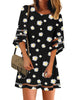 Dasiy Print Black Women Casual Crewneck Mesh Panel 3/4 Bell Sleeve Loose Tunic Dress