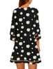 Dasiy Print Black Women Casual Crewneck Mesh Panel 3/4 Bell Sleeve Loose Tunic Dress