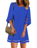 Women Casual Crewneck Mesh Panel 3/4 Bell Sleeve Loose Tunic Dress