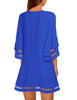 Lapis Blue Women Casual Crewneck Mesh Panel 3/4 Bell Sleeve Loose Tunic Dress