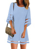 Women Casual Crewneck Mesh Panel 3/4 Bell Sleeve Loose Tunic Dress