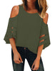 Army Green Women's Cold Shoulder Loose Shirt Tops 3/4 Bell Mesh Sleeve Blouse
