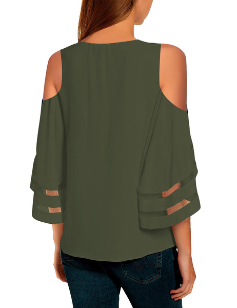 Army Green Women's Cold Shoulder Loose Shirt Tops 3/4 Bell Mesh Sleeve Blouse