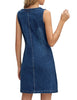 Women Sleeveless V Neck Button Down Frayed Hem Short Denim Dress