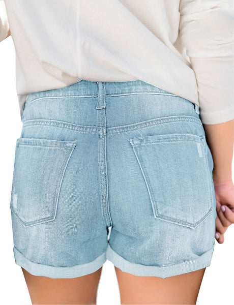 Women High Waisted Denim Shorts Ripped Button Fly Cuffed Jean Shorts