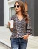 Leopard Print Women's V Neck Shirt Printed Top 3/4 Bell Sleeve Mesh Panel Blouse