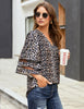 Leopard Print Women's V Neck Shirt Printed Top 3/4 Bell Sleeve Mesh Panel Blouse