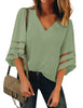 Frosty Green Women's V Neck Mesh Panel Blouse 3/4 Bell Sleeve Loose Top Shirt