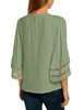 Frosty Green Women's V Neck Mesh Panel Blouse 3/4 Bell Sleeve Loose Top Shirt