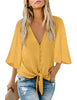 Yellow Women's V Neck Button Down Shirts 3/4 Bell Sleeve Tie Knot Blouse
