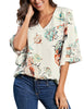 Women's V Neck Shirt Printed Top 3/4 Bell Sleeve Mesh Panel Blouse