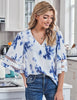Tie Dye Navy Women's V Neck Shirt Printed Top 3/4 Bell Sleeve Mesh Panel Blouse