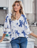 Women's V Neck Shirt Printed Top 3/4 Bell Sleeve Mesh Panel Blouse