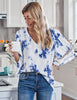 Tie Dye Navy Women's V Neck Shirt Printed Top 3/4 Bell Sleeve Mesh Panel Blouse