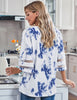 Tie Dye Navy Women's V Neck Shirt Printed Top 3/4 Bell Sleeve Mesh Panel Blouse