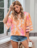 Tie Dye Orange Women's V Neck Mesh Panel Blouse 3/4 Bell Sleeve Loose Top Shirt