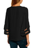 Women's V Neck Mesh Panel Blouse 3/4 Bell Sleeve Loose Top Shirt