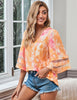 Tie Dye Orange Women's V Neck Mesh Panel Blouse 3/4 Bell Sleeve Loose Top Shirt